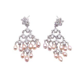 Silver Chandelier Earrings With Pink Pearl Drops & Rhinestone Accents For Women